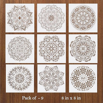 UNbox that Feelings Mandala Stencil Set (Pack of 9) – 8x8 Inch Reusable Mylar Stencils for Painting on Wood, Wall, Fabric, Furniture, Canvas & DIY Crafts Medium White