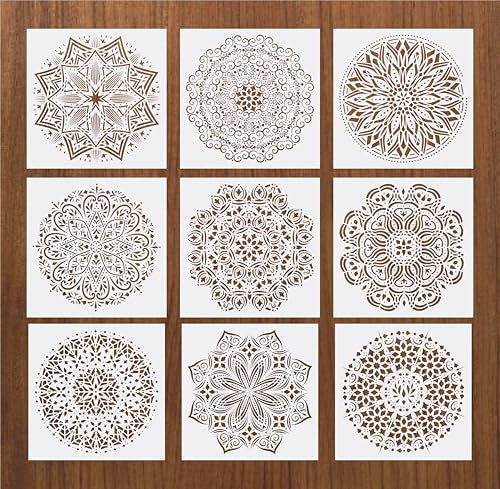 UNbox that Feelings Mandala Stencil Set (Pack of 9) – 8x8 Inch Reusable Mylar Stencils for Painting on Wood, Wall, Fabric, Furniture, Canvas & DIY Crafts Medium White