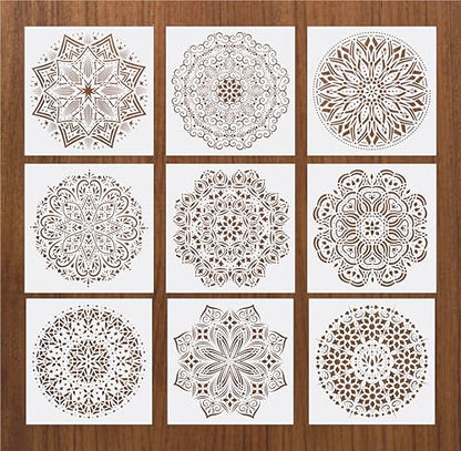 UNbox that Feelings Mandala Stencil Set (Pack of 9) – 8x8 Inch Reusable Mylar Stencils for Painting on Wood, Wall, Fabric, Furniture, Canvas & DIY Crafts Medium White